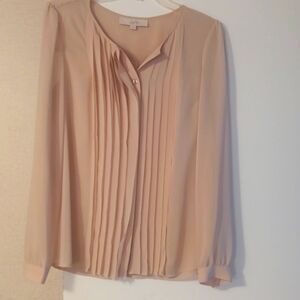 Ann Taylor Loft Ivory Pleat Front Long Sleeve Sheer Button Blouse Small